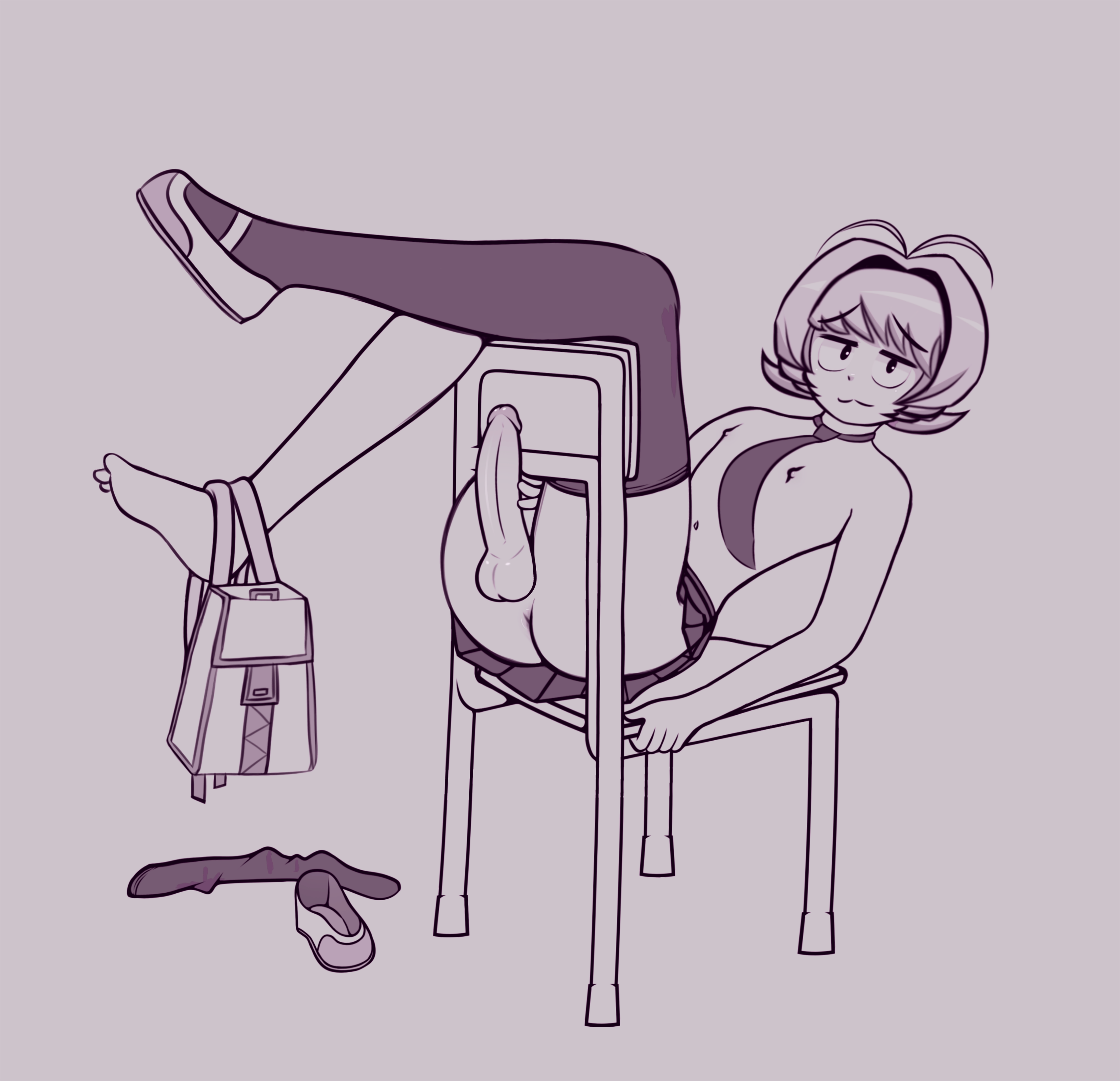 1boy :3 absurdres ass bag black_eyes black_socks black_thighhighs boots breasts erection feet femboy genderswap genderswap_(ftm) highres komi-san_wa_komyushou_desu looking_at_viewer male_ass male_focus monochrome navel nipples osana_najimi_(komi-san_wa_komyushou_desu) penis short_hair skirt small_breasts socks solo stool thighhighs uncensored