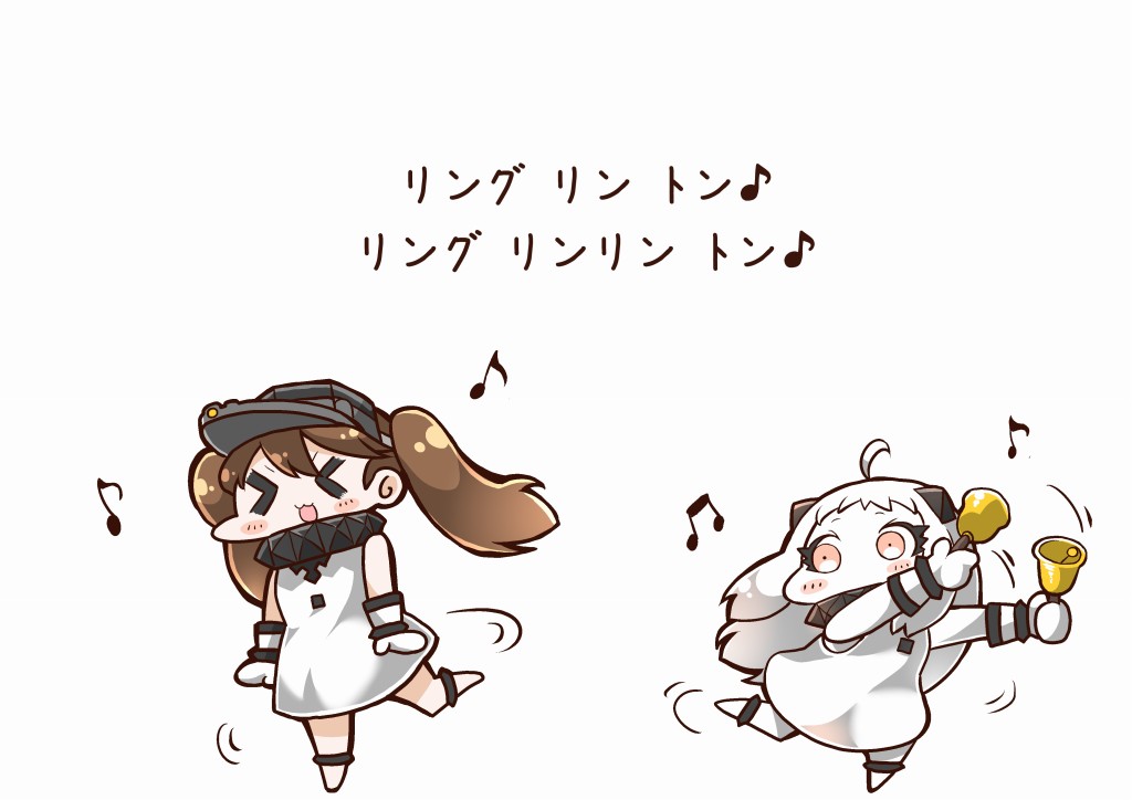 2girls abyssal_ship ahoge alternate_costume beamed_quavers bell brown_eyes brown_hair comic cosplay dancing dress closed_eyes horns kantai_collection long_hair mittens multiple_girls musical_note northern_ocean_hime_(cosplay) northern_ocean_princess open_mouth pale_skin quaver red_eyes ryuujou_(kancolle) sleeveless sleeveless_dress tanaka_kusao white_dress white_hair