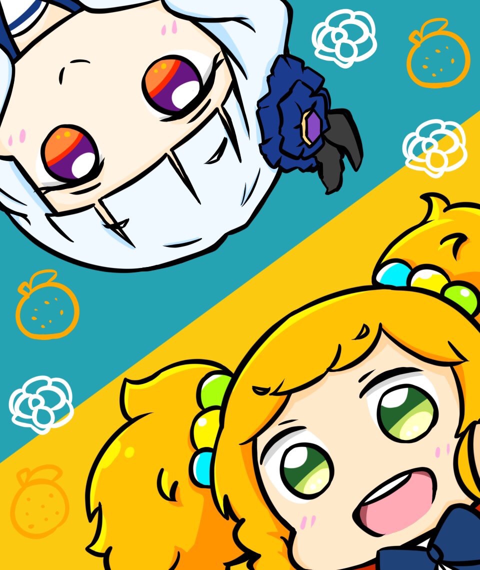 2girls :d aikatsu!_(series) aikatsu_stars! blonde_hair blue_background blue_bow blue_flower blush bow closed_mouth commentary_request flower green_eyes hair_flower hair_ornament multiple_girls nikaido_yuzu nozo_(hitomiz) open_mouth red_eyes shirogane_lily smile teeth thick_eyebrows twintails two-tone_background upper_teeth_only yellow_background