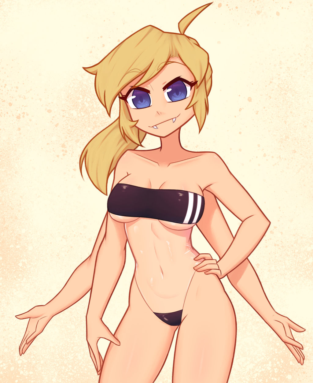 1girl blonde_hair blue_eyes breasts extra_arms fangs gris_swimsuit highres medium_breasts meme_attire one-piece_swimsuit original ponytail solo swimsuit underboob xyronii