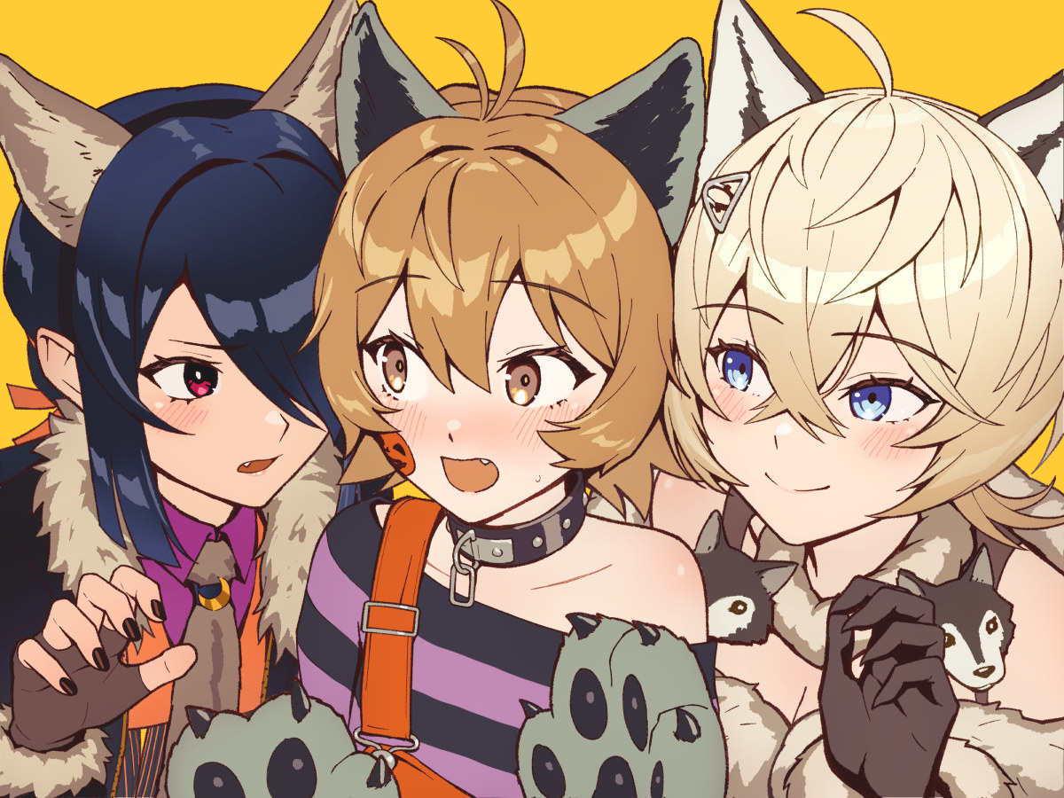 3girls animal_ears animal_hands black_gloves black_hair black_nails blonde_hair blue_eyes blue_hair breasts brown_eyes brown_hair cleavage collar collared_shirt commentary_request crossed_bangs fake_animal_ears fangs fingerless_gloves fur_trim gloves grin hair_between_eyes hair_ornament hair_over_one_eye halloween halloween_costume kantai_collection kumano_maru_(halloween)_(kancolle) kumano_maru_(halloween_mode)_(kancolle) kumano_maru_(kancolle) multiple_girls nail_polish necktie oboro_(halloween)_(kancolle) oboro_(kancolle) official_alternate_costume one_eye_closed open_mouth paw_gloves porupurucha purple_shirt red_eyes shirt short_hair simple_background smile striped_clothes striped_shirt tuscaloosa_(halloween)_(kancolle) tuscaloosa_(kancolle) yellow_background