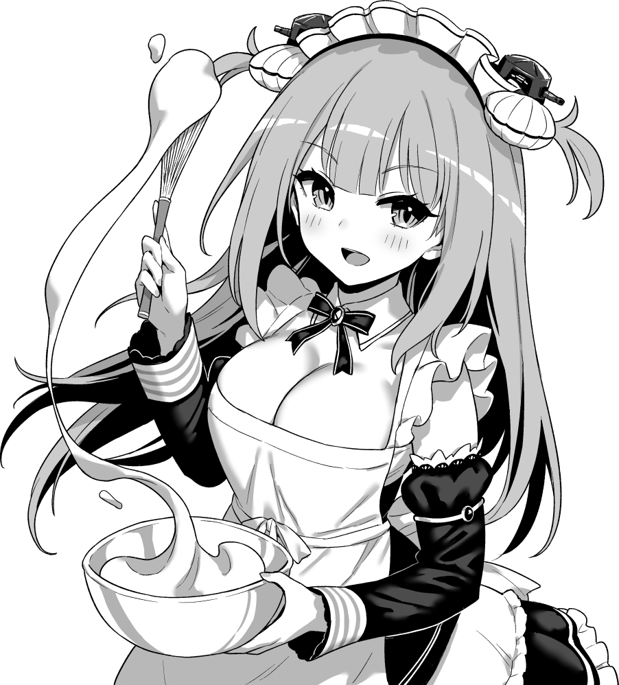 1girl apron azur_lane azur_lane:_slow_ahead blush bowl breasts cleavage commentary_request cropped_legs detached_sleeves dress greyscale hair_ornament holding holding_bowl holding_whisk hori_(hori_no_su) large_breasts long_hair long_sleeves looking_at_viewer maid maid_headdress monochrome neptune_(azur_lane) open_mouth ribbon short_twintails smile solo standing tongue twintails whipped_cream whisk white_background