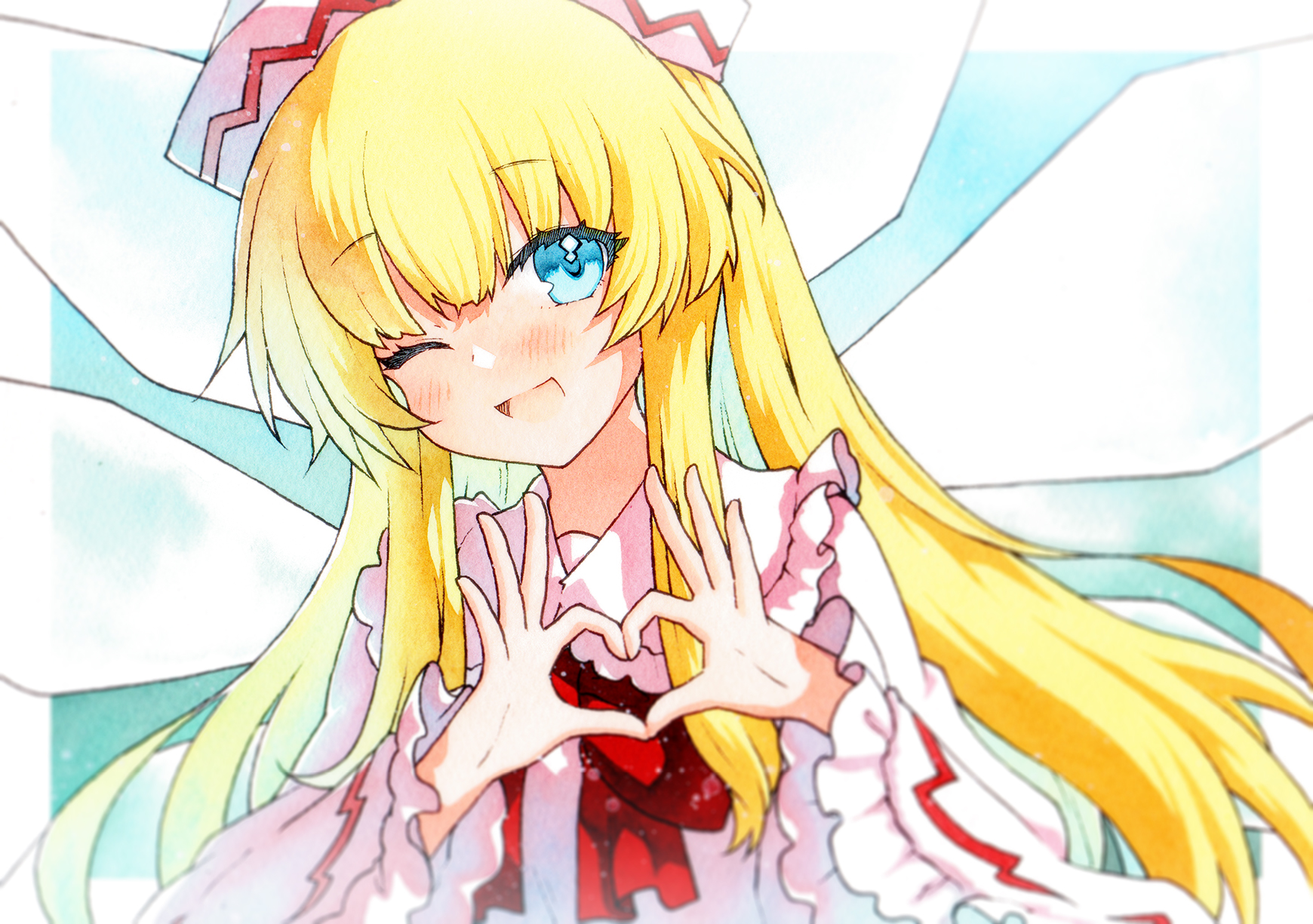 1girl ;d blonde_hair blue_eyes blurry blush border bow bowtie eyebrows_hidden_by_hair fairy four-finger_heart_hands frilled_shirt_collar frilled_sleeves frills hat heart heart_hands highres lily_white long_hair long_sleeves looking_at_viewer one_eye_closed open_mouth red_bow red_bowtie rinka_(qqqrinkappp) smile solo touhou transparent_wings upper_body very_long_hair white_border wide_sleeves