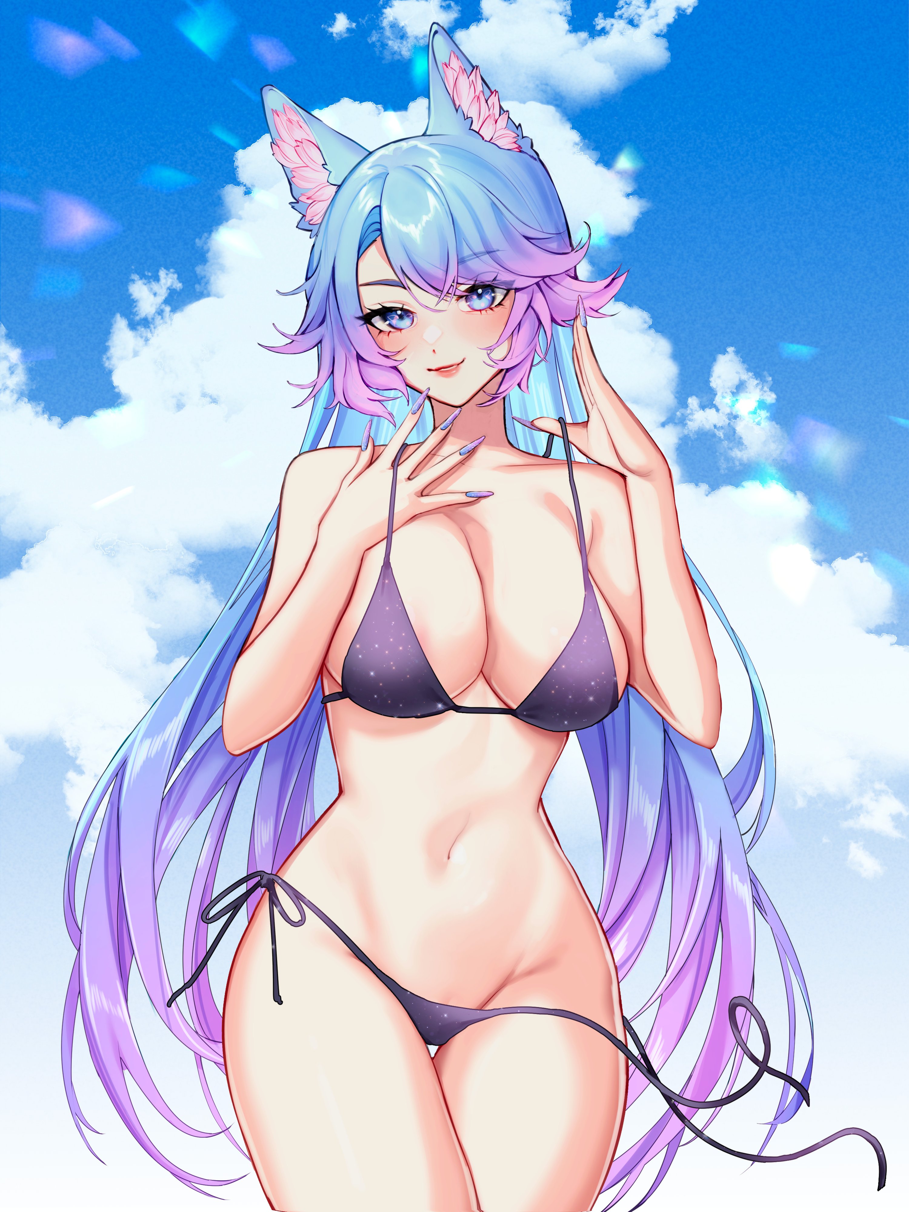 1girl absurdres animal_ear_fluff animal_ears bikini blue_eyes blue_hair blue_sky commentary english_commentary evangellium highres indie_virtual_youtuber lipgloss nail_polish silvervale sky swimsuit virtual_youtuber