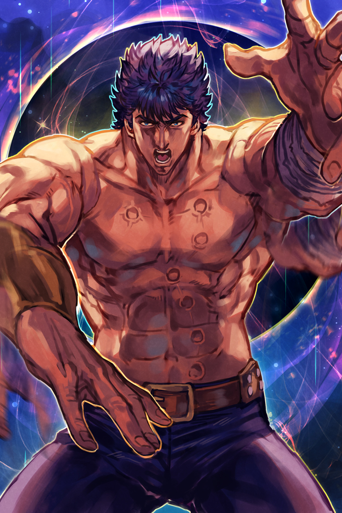 1boy abs afterimage belt black_hair fighting_stance hokuto_no_ken hungry_clicker kenshiro looking_at_viewer male_focus muscular muscular_male open_mouth outstretched_arms pectorals scar scar_on_chest scar_on_stomach single_bracer solo wrist_wrap