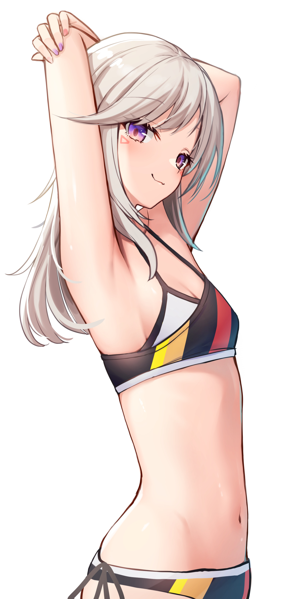 1girl armpits arms_behind_head bikini breasts cleavage facial_mark fang from_side highres komori_met layered_bikini looking_at_viewer lowleg lowleg_bikini midriff multicolored_bikini navel nishino_eri purple_eyes side-tie_bikini_bottom sideboob simple_background skin_fang small_breasts smirk solo stomach swimsuit triangle triangle_facial_mark virtual_youtuber vspo! white_background white_hair
