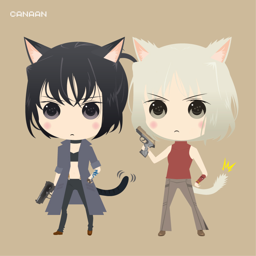 2girls 428 428:_fuusa_sareta_shibuya_de animal_ears black_bra black_hair black_pants blush bra brown_background brown_footwear canaan_(series) closed_mouth coat commentary_request copyright_name full_body grey_coat gun hand_on_own_hip holding holding_gun holding_weapon looking_at_viewer multiple_girls oku_tamamushi open_clothes open_coat pants red_shirt shirt short_hair sleeveless standing tail underwear v-shaped_eyebrows weapon white_hair