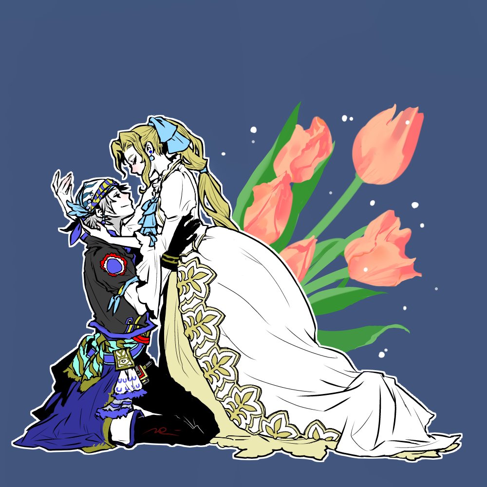 1boy 1girl black_jacket black_pants blonde_hair blue_background blue_ribbon celes_chere closed_eyes closed_mouth commentary dress earrings final_fantasy final_fantasy_vi floral_background from_side full_body grey_hair hair_ribbon headscarf high_ponytail jacket jewelry kneeling leaning_forward locke_cole long_dress long_hair looking_at_another mochi_(hanamaruudondesu) pants ponytail profile puffy_sleeves ribbon short_hair smile white_dress