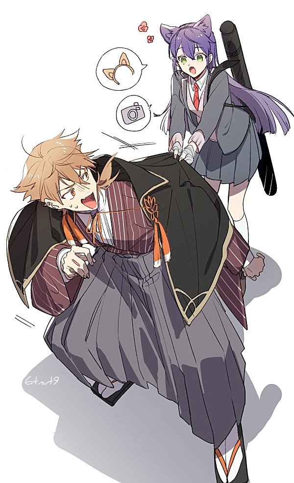 1boy 1girl 6tnut9 :o ahoge animal_ear_hairband animal_ears artist_name bandaged_hand bandages black_cape blazer brown_eyes brown_hair cape clothes_grab collared_cape collared_shirt commentary_request fake_animal_ears fang fushimi_gaku fushimi_gaku_(4th_costume) genderswap genderswap_(mtf) green_eyes grey_hakama grey_jacket grey_skirt grey_sweater hair_between_eyes hairband hakama hakama_skirt jacket japanese_clothes kenmochi_touko kenmochi_touya kenmochi_touya_(1st_costume) kimono kneehighs lapels long_hair long_sleeves looking_at_another looking_back low_ponytail necktie nijisanji official_alternate_costume open_clothes open_jacket open_mouth pleated_skirt ponytail purple_hair red_kimono red_necktie sandals school_uniform shadow shirt signature simple_background skin_fang skirt socks speech_bubble spoken_object standing striped_clothes striped_kimono sweatdrop sweater tabi tassel v-shaped_eyebrows virtual_youtuber weapon_bag white_background white_shirt white_socks wide_sleeves wing_collar