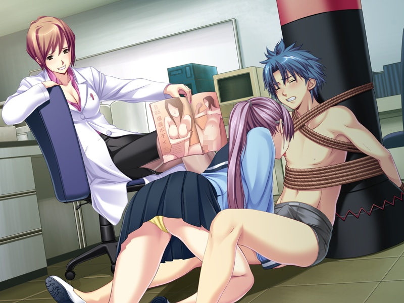 1boy 2girls ayakawa_haruki bdsm bent_over blue_hair blush bondage bound breasts brown_hair bulge cleavage clenched_teeth erection erection_under_clothes femdom game_cg glasses hetero infirmary kiryu_takaki lab_coat licking licking_nipple london_inu long_hair licking_nipple medical miniskirt multiple_girls nipple_stimulation nipple_tweak panties pantyshot penis pornography purple_hair rape revenge rope sailor school_nurse school_uniform serafuku short_hair skirt slave smile soushinjutsu_(series) soushinjutsu_3 studio_jaren teeth underwear watching yellow_panties yoshimine_rei
