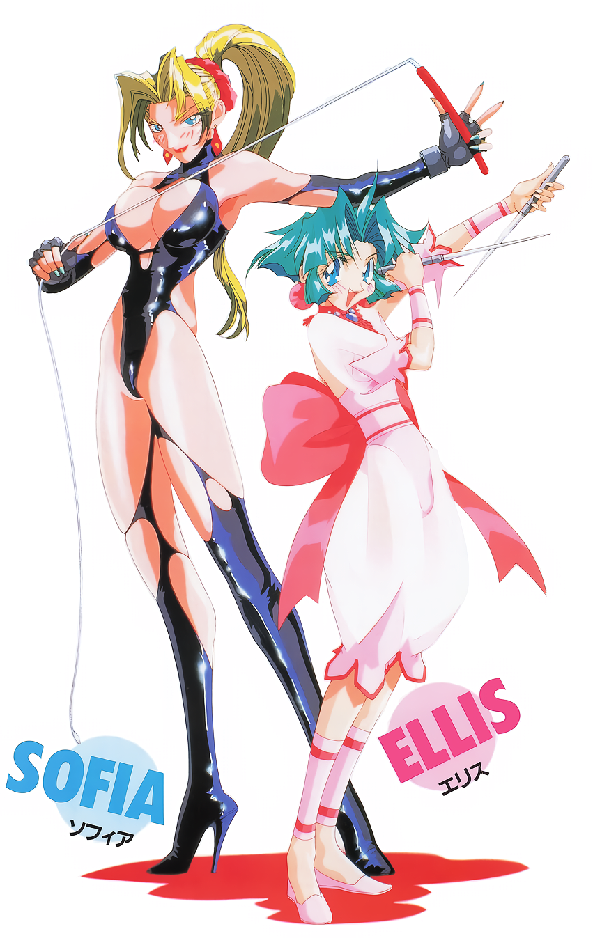 1990s_(style) 2girls aqua_hair back_bow black_leotard blonde_hair blue_eyes bodysuit boots bow breasts cleavage dual_wielding earrings ellis_(toushinden) fingerless_gloves gloves high_heels high_ponytail highres holding holding_knife holding_whip jewelry knife kotobuki_tsukasa large_breasts latex latex_bodysuit leotard long_hair multiple_girls non-web_source official_art open_mouth outstretched_arm pink_shoes ponytail red_lips retro_artstyle reverse_grip see-through_clothes shoes short_hair sofia_(toushinden) standing thigh_boots toushinden white_background