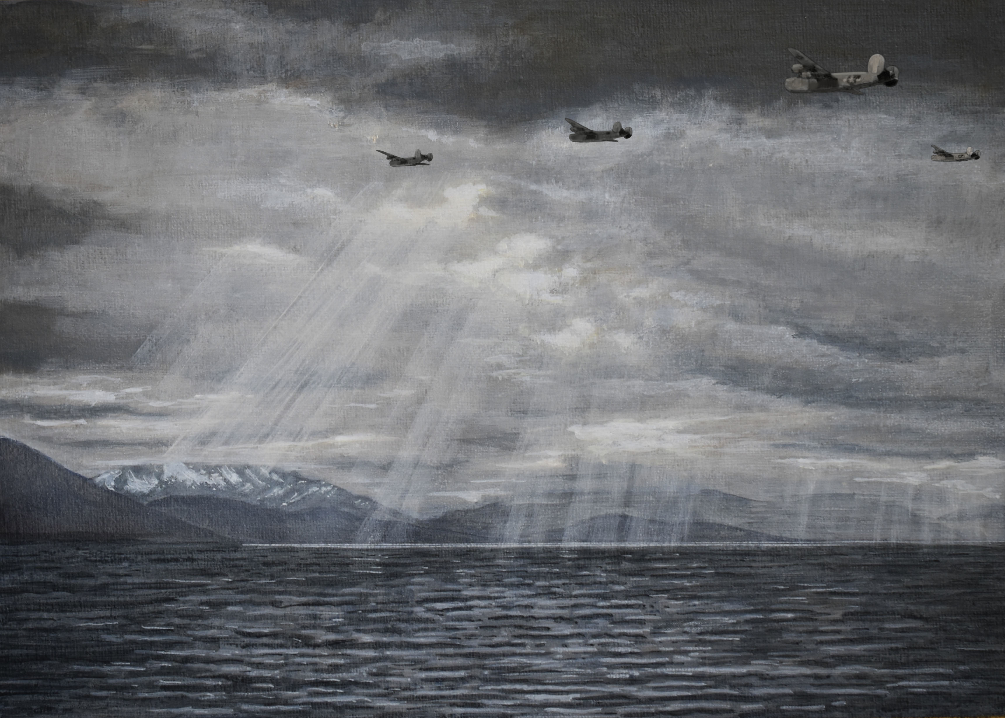 absurdres acrylic_paint_(medium) aircraft airplane alaska atelier_bono b-24_liberator bomber cloud cloudy_sky dappled_sunlight flying highres military_vehicle mountain mountainous_horizon no_humans original painting_(medium) photoshop_(medium) scenery sky sunlight traditional_media united_states_air_force world_war_ii