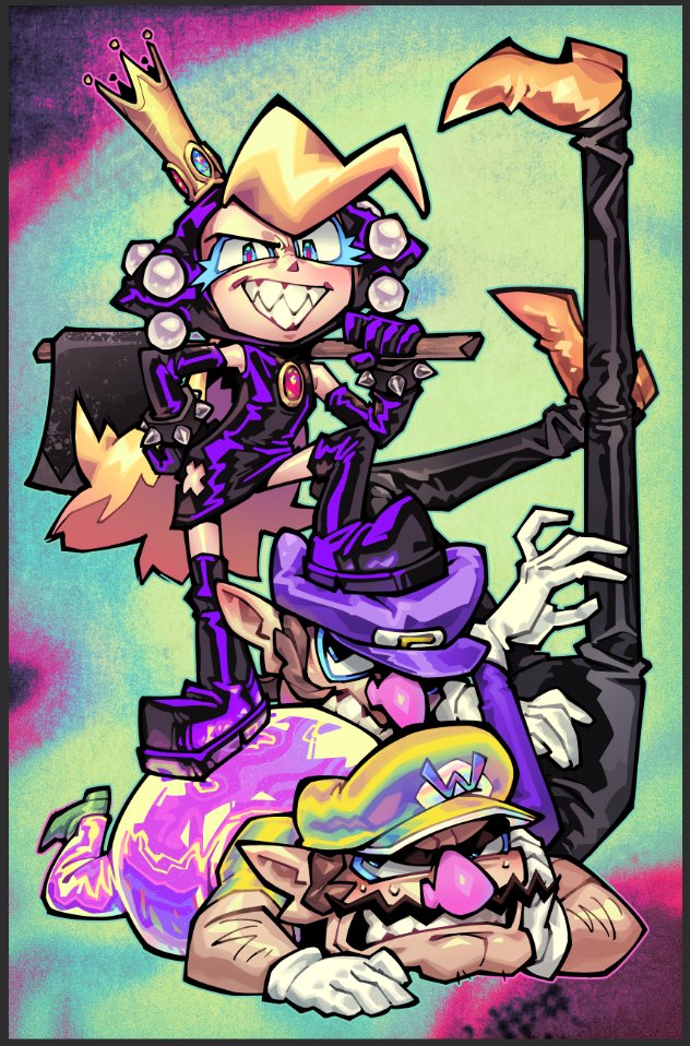 1girl 2boys alternate_costume angry axe blonde_hair blue_eyes boots bracelet coat crown dav_(krooked_glasses) detached_sleeves facial_hair fangs fat fat_man femdom full_body gloves hat holding holding_weapon humiliation jewelry latex leg_up makeup mario_(series) multiple_boys mustache nintendo overalls shoes smile spiked_bracelet spikes stepped_on teeth waluigi wario warupeach weapon