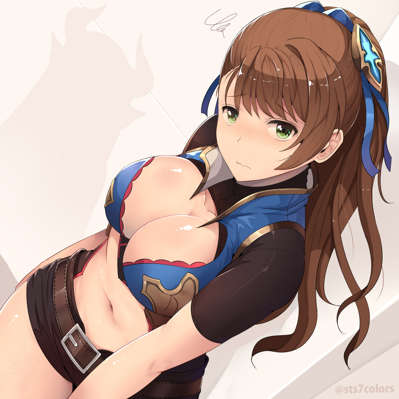 1girl artist_name beatrix_(granblue_fantasy) belt belt_buckle blue_ribbon blue_vest blush bodysuit breasts brown_hair buckle center_opening cleavage closed_mouth cowboy_shot dutch_angle eyebrows female_focus frown gold_trim granblue_fantasy green_eyes hair_ribbon hand_on_own_hip large_breasts long_hair looking_at_viewer midriff navel open_clothes open_vest revealing_clothes revision ribbon shiny_skin short_shorts short_sleeves shorts silhouette solo squiggle standing sts tareme thighs vest wavy_mouth