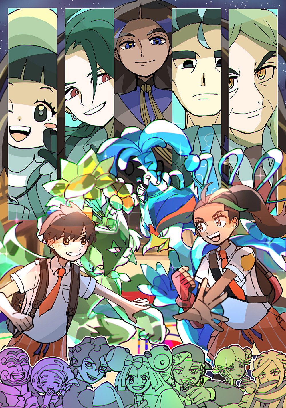 6+boys 6+girls backpack bag beak black_eyes blonde_hair blue_eyes brassius_(pokemon) bright_pupils brown_eyes brown_hair closed_mouth commentary_request eyelashes florian_(pokemon) geeta_(pokemon) glint green_fur green_hair grusha_(pokemon) hassel_(pokemon) highres iono_(pokemon) katy_(pokemon) kofu_(pokemon) larry_(pokemon) long_hair meowscarada multicolored_hair multiple_boys multiple_girls naranja_academy_school_uniform nemona_(pokemon) nintendo non_pmpm open_mouth orange_shorts pokemon pokemon_(creature) pokemon_sv poppy_(pokemon) quaquaval red_eyes rika_(pokemon) ringed_eyes ryme_(pokemon) school_uniform short_hair shorts smile streaked_hair teeth terastallization thick_eyebrows tulip_(pokemon) two-tone_hair upper_teeth_only yellow_eyes