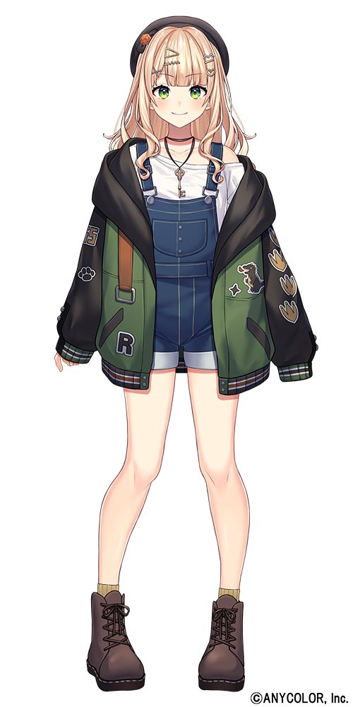 1girl beret black_hat black_jacket blonde_hair blue_overalls brown_footwear green_eyes green_jacket hair_ornament hat heart heart_hair_ornament jacket jewelry kaburaki_roco kaburaki_roco_(2nd_costume) key key_necklace long_hair lq_saku multicolored_jacket necklace nijisanji official_alternate_costume official_art open_clothes open_jacket overall_shorts overalls shirt simple_background smile socks solo triangle_hair_ornament virtual_youtuber white_background white_shirt x_hair_ornament yellow_socks
