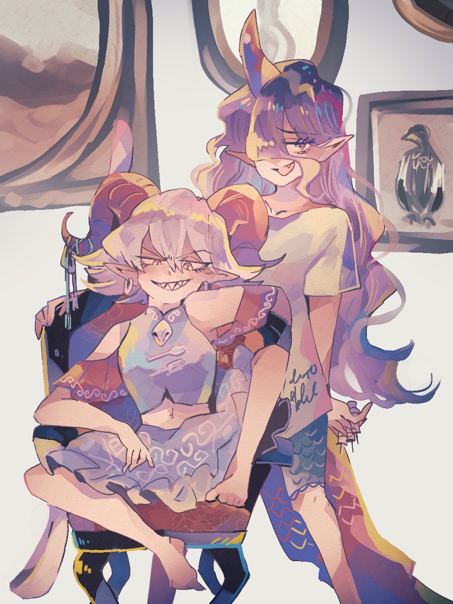 2girls barefoot chair earrings fang highres holding holding_needle horns jewelry lizard_tail long_hair multiple_girls navel needle off_shoulder painting_(object) pointy_ears purple_hair ratto_(mobilis_1870) sharp_teeth sheep_horns shirt short_hair shorts single_horn sitting skirt smile t-shirt tail teeth tenkajin_chiyari touhou toutetsu_yuuma wavy_hair white_hair