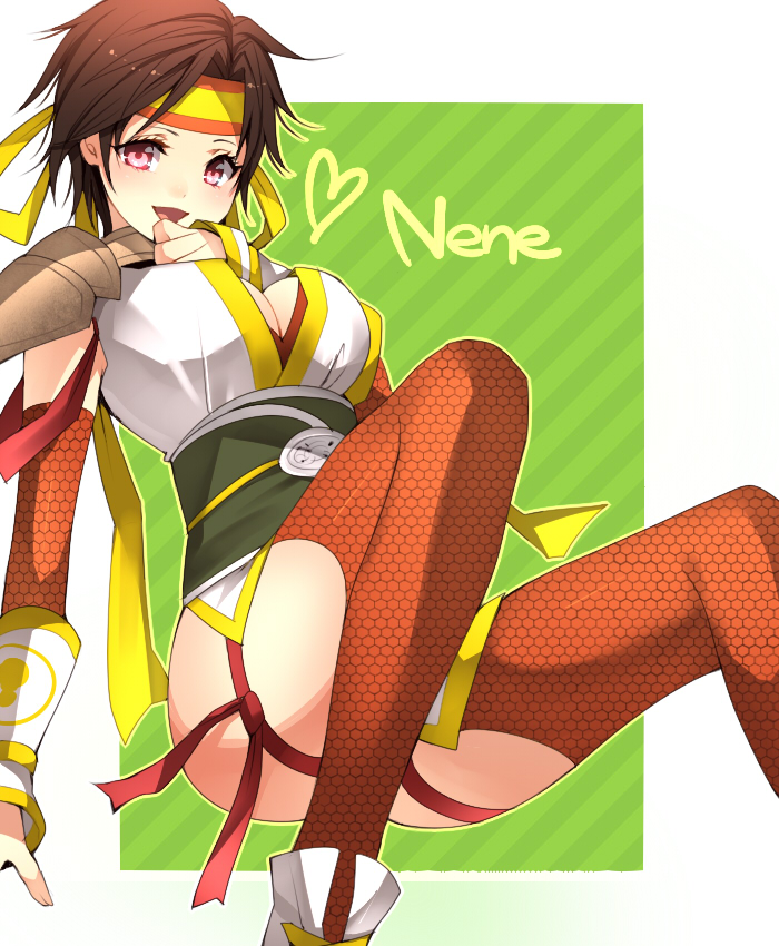 1girl breasts brown_hair cleavage female_focus headband komekei nene pink_eyes sengoku_musou sengoku_musou_2 short_hair shoulder_pads sitting solo