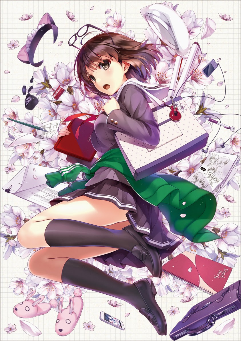 1girl animal_ears bag bag_charm beret binder_clip black_socks blush bottle briefcase brown_eyes brown_hair cat_ears cellphone charm_(object) digital_media_player electric_guitar eraser fake_animal_ears female_focus flip-flops flower fujimi_shobo gibson_les_paul glasses guitar hairband hat ink inkwell instrument katou_megumi kneehighs loafers long_legs looking_at_viewer manuscript_paper mechanical_pencil misaki_kurehito nib_pen_(object) notebook official_art paper pen pencil petals phone saenai_heroine_no_sodatekata sandals school_bag school_briefcase school_uniform shoes short_hair skirt slippers smartphone socks solo unworn_hat unworn_headwear