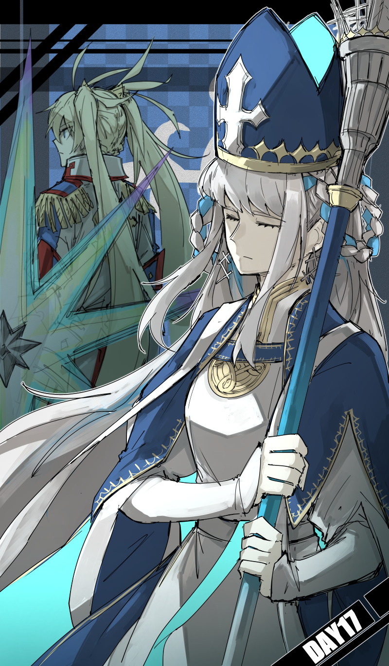 2girls blonde_hair blue_eyes bradamante_(fate) braid checkered_background closed_eyes closed_mouth collared_jacket earrings expressionless fate/grand_order fate_(series) hair_rings hat highres holding holding_shield holding_staff jacket jewelry kankan33333 long_hair multicolored_hair multiple_girls outline paladin pope johanna_(fate) robe shawl shield staff twin_braids twintails two-tone_hair white_hair white_outline