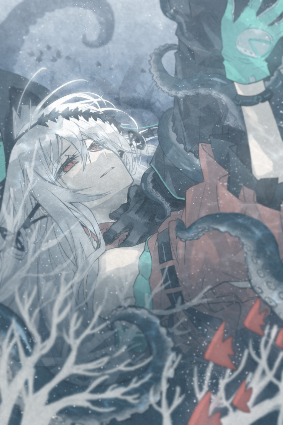 1girl 1other aqua_gloves arknights arms_up bare_shoulders black_gloves black_jacket bracelet commentary coral doctor_(arknights) dress fish gloves highres infection_monitor_(arknights) jacket jewelry light_smile looking_at_another looking_up morini_ochiteru red_dress red_eyes skadi_(arknights) skadi_the_corrupting_heart_(arknights) strangling tentacles underwater white_hair
