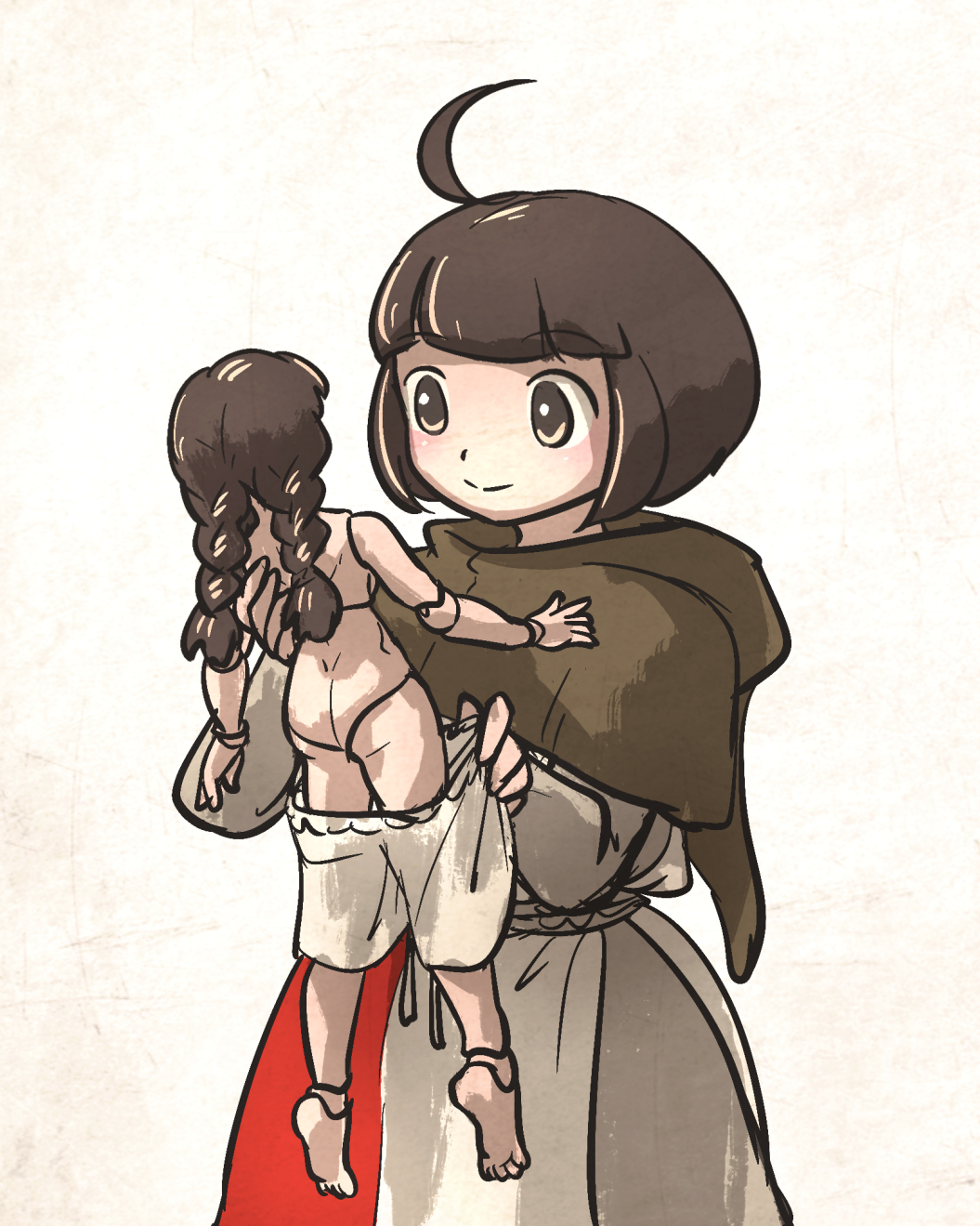 2girls ahoge ahoge_page_(ironlily) barefoot bloomers blunt_bangs blush braided_twintails brown_capelet brown_eyes brown_hair capelet character_doll closed_mouth commentary doll doll_joints dress dressing_another english_commentary grey_dress highres holding holding_doll holding_unworn_clothes ironlily joints long_hair long_sleeves looking_at_another multiple_girls nude ordo_mediare_sisters_(ironlily) rope_belt short_hair simple_background surcoat twin_braids_sister_(ironlily) underwear white_background white_bloomers