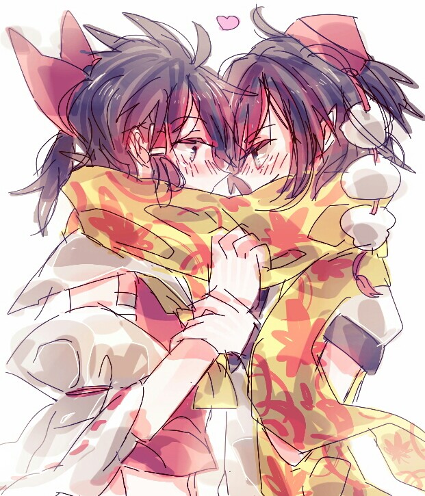 2girls ascot black_hair bow detached_sleeves face-to-face hair_bow hair_tubes hakurei_reimu hat holding_another&#039;s_wrist leaf leaf_print looking_at_another maple_leaf maple_leaf_print multiple_girls pointy_ears pom_pom_(clothes) red_bow red_hat ribbon-trimmed_sleeves ribbon_trim scarf shameimaru_aya shared_clothes shared_scarf short_hair tengu tokin_hat touhou yellow_ascot yuki_(bhoshirs) yuri
