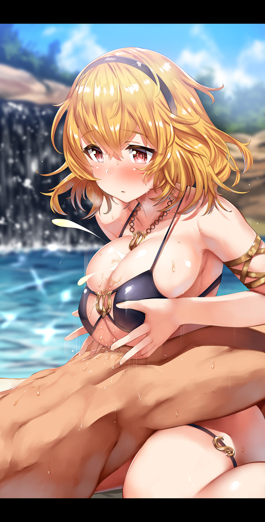 1boy 1girl armlet bad_anatomy bad_id bad_pixiv_id bare_shoulders belko bikini black_bikini blonde_hair blush breasts breasts_squeezed_together brown_eyes cleavage clothed_female_nude_male collarbone cum cum_on_body cum_on_breasts cum_on_upper_body day ejaculation eros_(phantom_of_the_kill) hair_between_eyes hairband hetero highres jewelry kneeling large_breasts letterboxed necklace nude outdoors paizuri paizuri_under_clothes phantom_of_the_kill revision short_hair solo_focus sweat swimsuit thighs