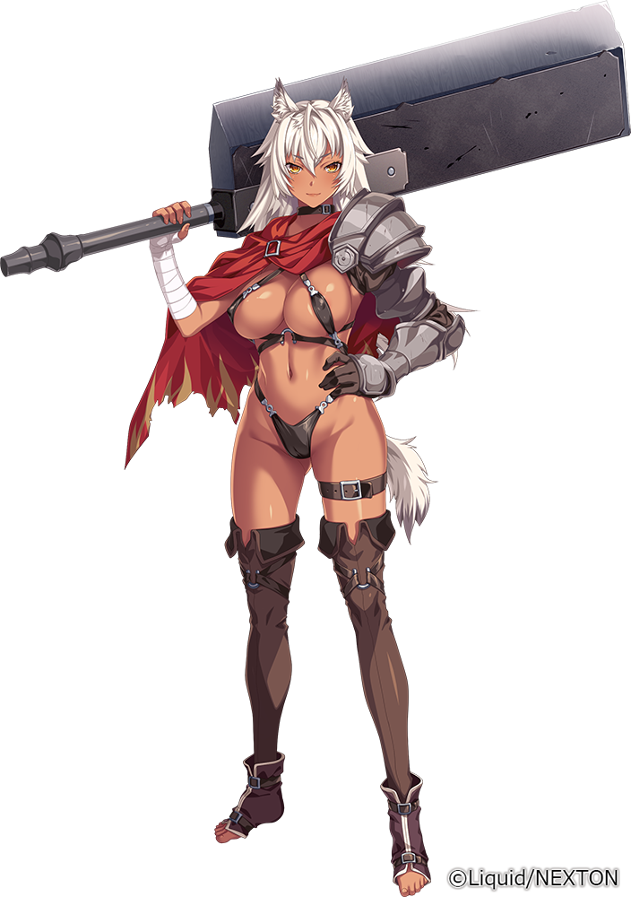 1girl animal_ears armor bikini bikini_armor dark_skin full_body knight kuroinu_gaiden_~in&#039;yoku_ni_oboreta_shouki-tachi_no_monogatari~ kuroinu_~kedakaki_seijo_wa_hakudaku_ni_somaru~ leona_(kuroinu) mercenary revealing_clothes swimsuit sword tachi-e tail transparent_background warrior weapon white_hair wolf_ears wolf_girl wolf_tail
