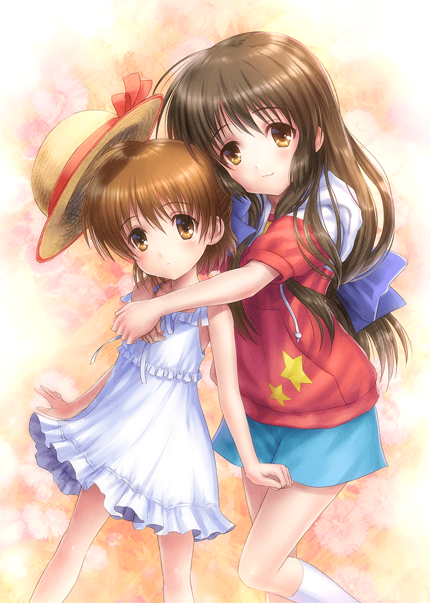 blue_shorts brown_eyes brown_hair clannad commentary_request dress feet_out_of_frame frilled_dress frills goto_p highres hood hooded_sweater hug hug_from_behind ibuki_fuuko long_hair low-tied_long_hair official_art okazaki_ushio red_sweater short_hair shorts socks sweater white_dress white_socks