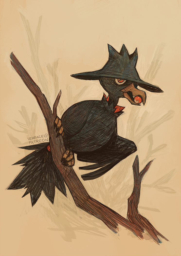 animal_focus artist_name berry berry_(pokemon) bird crow eating food_in_mouth from_side full_body game_freak gen_2_pokemon leppa_berry looking_at_viewer murkrow nintendo no_humans open_mouth patreon_username perching pokemon pokemon_(creature) pokemon_focus red_eyes simple_background solo ver_(verface) yellow_background