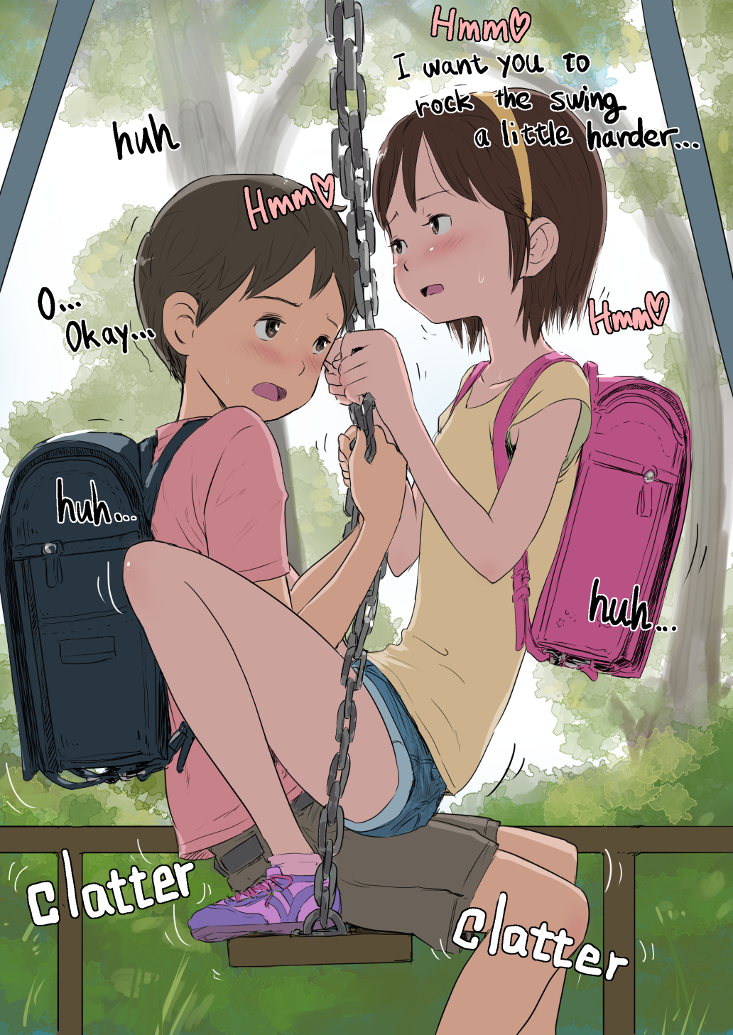 1boy 1girl assertive_female backpack bag blue_shorts blush brown_eyes brown_hair brown_shorts commentary_request english_text engrish_text grinding_over_clothes highres kodomo_doushi legs li_(lithium0522) loli looking_at_another on_swing open_mouth original outdoors pink_shirt pink_shoes randoseru ranguage shirt shoes short_shorts shorts shota sitting sitting_on_lap sitting_on_person stealth_sex straddling swing t-shirt upright_straddle yellow_shirt