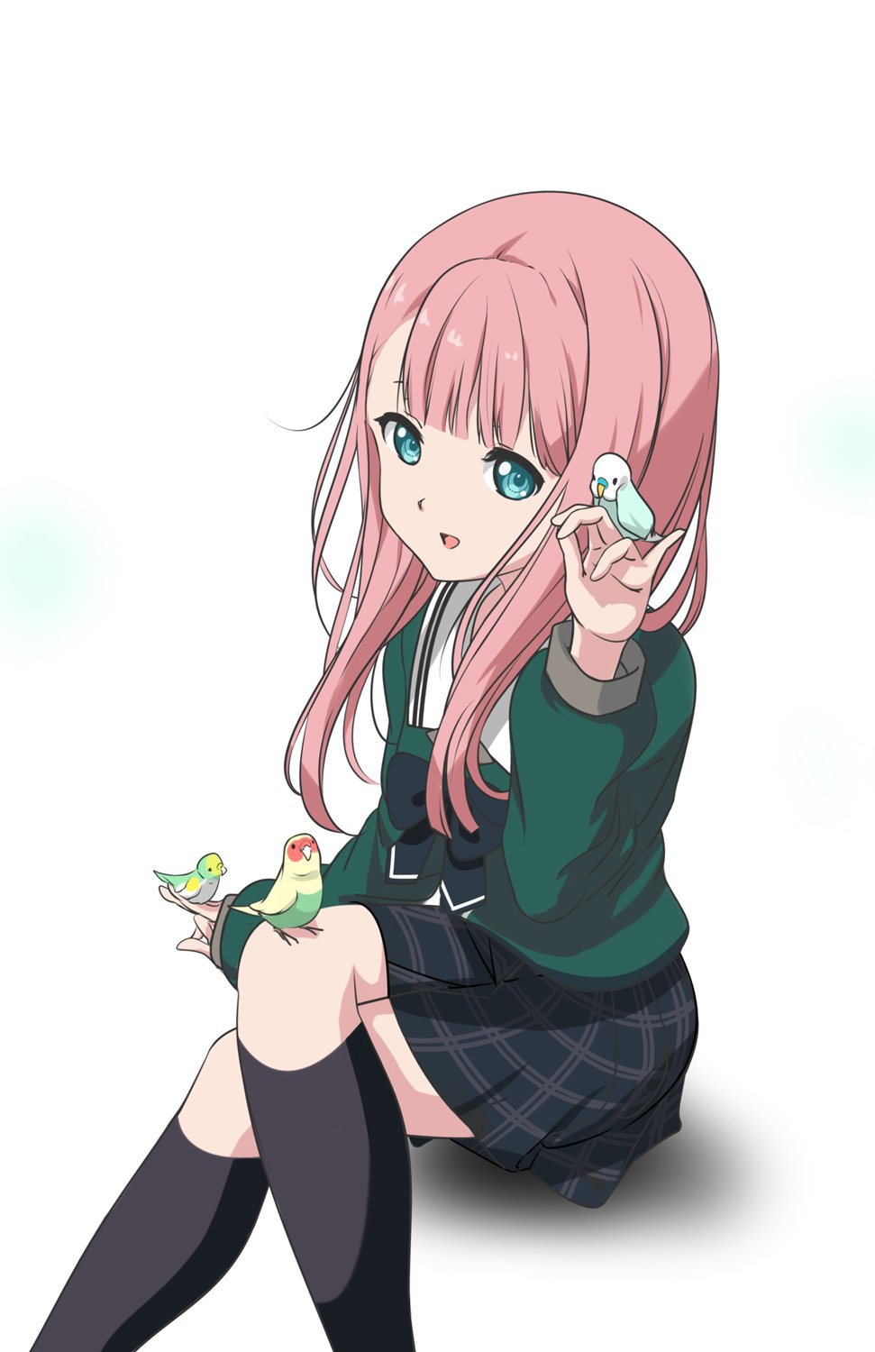 1girl 22/7 asymmetrical_bangs bird bird_on_hand bird_on_knee black_bow black_bowtie black_skirt black_socks blunt_bangs bow bowtie crossed_legs feet_out_of_frame from_above green_eyes green_shirt hand_up highres kamiki_mikami kneehighs long_hair long_sleeves looking_at_animal matsubokkurin227 open_mouth parrot pink_hair plaid_clothes plaid_skirt pleated_skirt rokubanchou_school_uniform sailor_collar school_uniform serafuku shirt skirt socks solo white_background white_sailor_collar winter_uniform