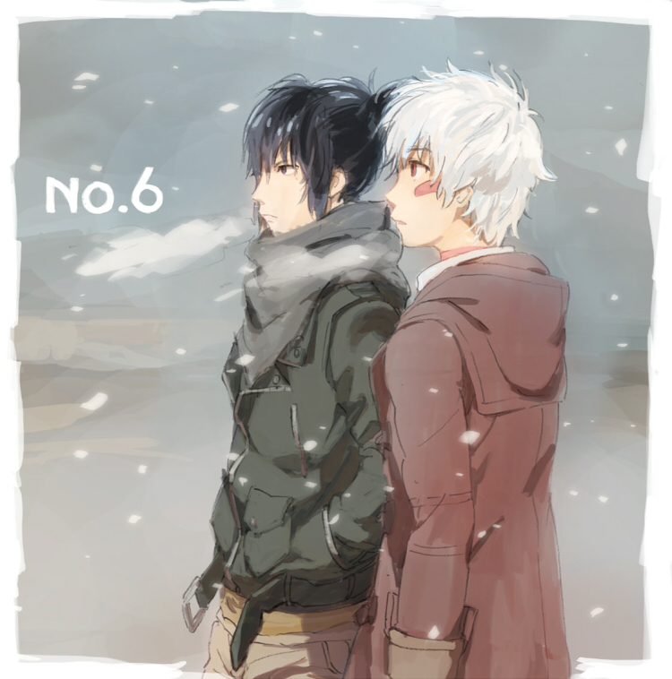 2boys arm_at_side black_coat black_hair border brown_coat brown_pants closed_mouth coat copyright_name grey_scarf hand_in_pocket male_focus mitosa multiple_boys nezumi_(no.6) no.6 pants scarf shion_(no.6) short_hair white_border white_hair winter_clothes