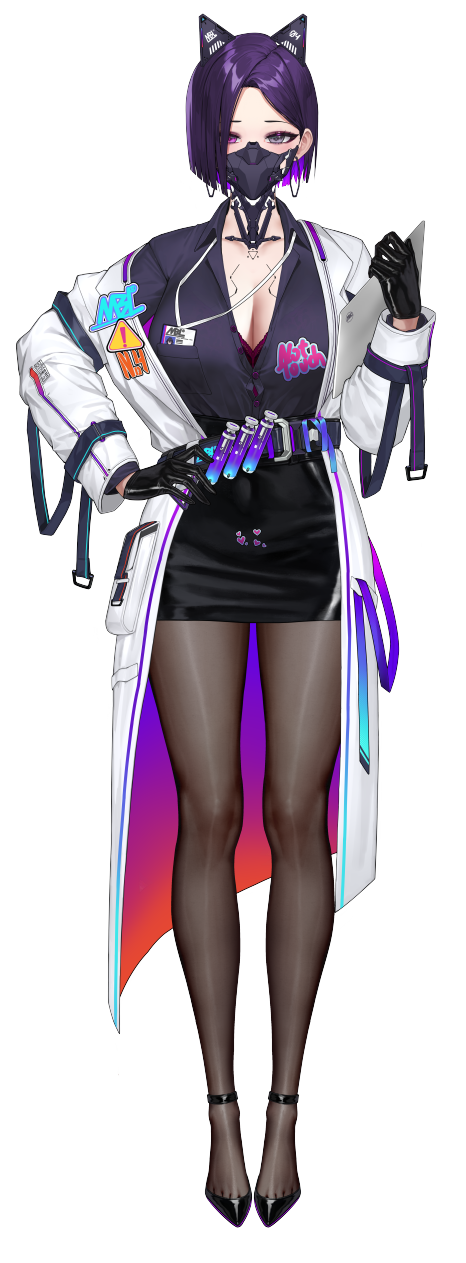 1girl artist_request black_gloves black_mask black_shirt black_shoes black_skirt bra bra_peek breasts cleavage coat full_body gloves gradient_coat grey_eyes hand_on_own_hip heart heterochromia high-waist_skirt high_heels highres holding id_card lanyard long_sleeves mask mechanical_ears mouth_mask multicolored_coat multicolored_hair nekobola_(vtuber) noa_talent open_clothes open_coat pantyhose pencil_skirt purple_bra purple_eyes purple_hair shirt shoes skirt solo two-sided_coat two-sided_fabric two-tone_hair underwear vial virtual_youtuber white_coat