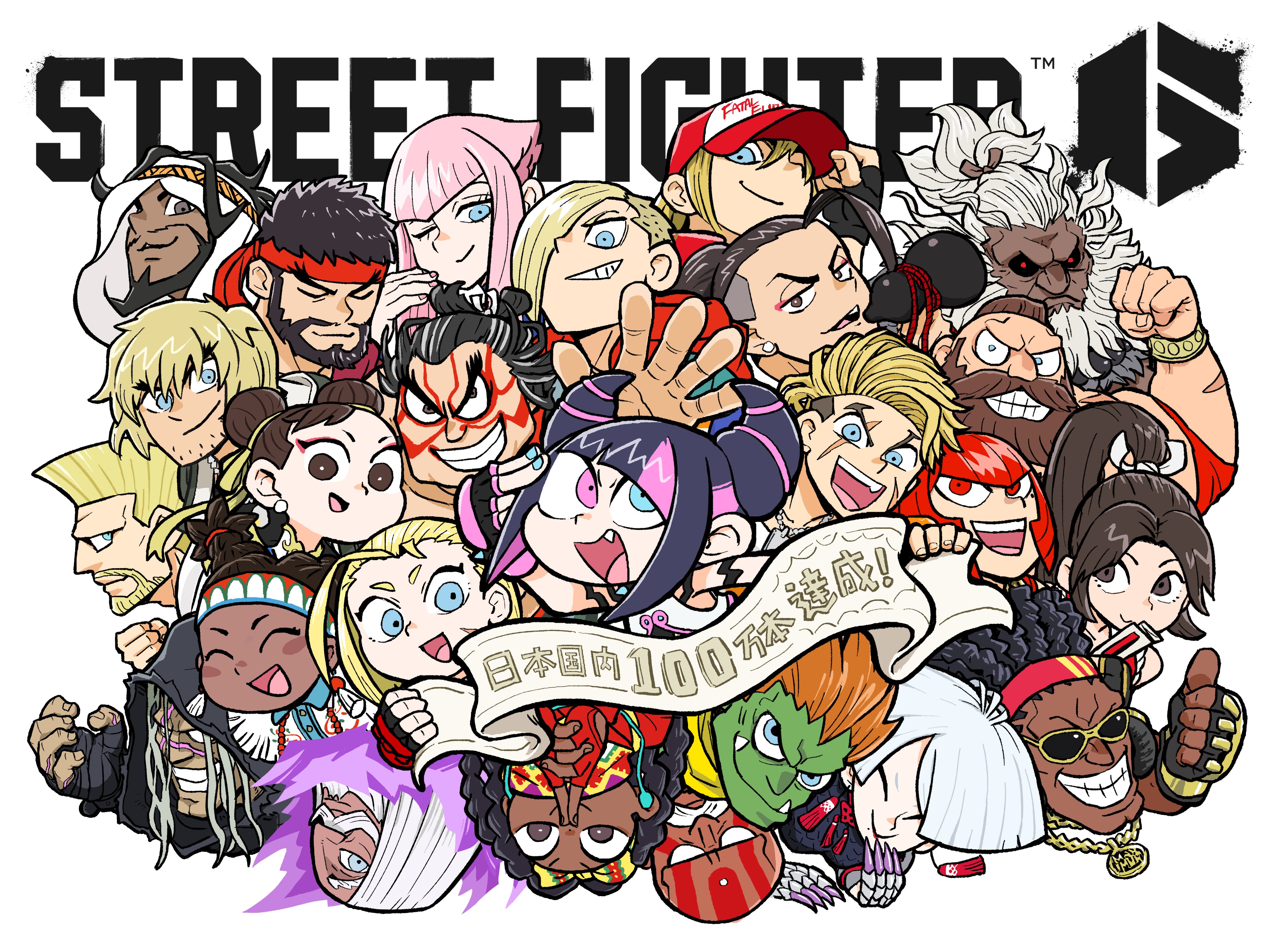 6+boys 6+girls a.k.i._(street_fighter) absurdres akuma_(street_fighter) beard blanka cammy_white capcom chibi chibi_only chun-li colored_skin copyright_name dark-skinned_female dark-skinned_male dark_skin dee_jay ed_(street_fighter) everyone evil_smile facial_hair facial_tattoo fang fatal_fury green_skin guile hair_horns han_juri headband heterochromia highres hood jamie_siu jp_(street_fighter) kangyaku ken_masters kimberly_jackson lily_hawk logo luke_sullivan m._bison manon_legrand marisa_(street_fighter) milestone_celebration multiple_boys multiple_girls official_art open_mouth pale_skin rashid_(street_fighter) ryu_(street_fighter) scar scar_on_face scarf shiranui_mai simple_background smile smirk spiked_hair street_fighter street_fighter_6 sunglasses tattoo terry_bogard thumbs_up turban zangief
