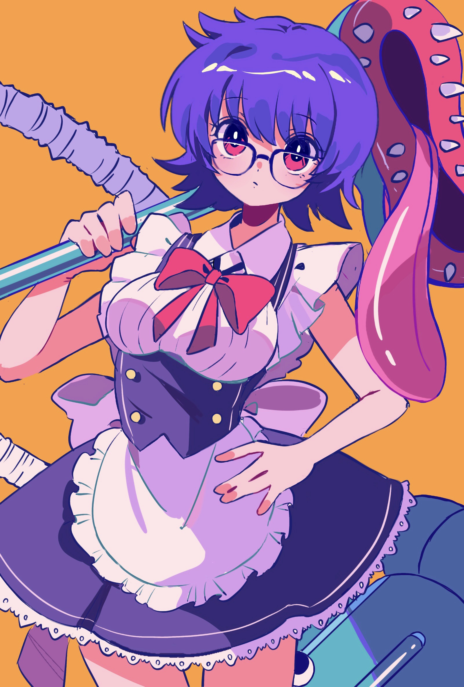 1girl apron black-framed_eyewear black_hair blinky_(hunter_x_hunter) bow cowboy_shot glasses hand_on_own_hip highres hunter_x_hunter looking_at_viewer maid maid_apron nen_(hunter_x_hunter) orange_background pink_bow pink_eyes sanamaru_(sana79261827) shizuku_murasaki short_hair simple_background sleeveless solo vacuum_cleaner