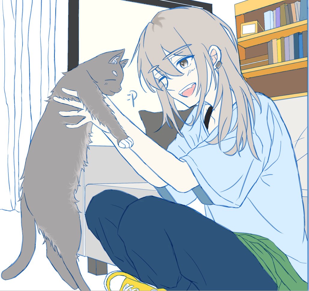 1girl animal blue_pants blue_shirt blush bookshelf cat collarbone commentary earclip fang girls_band_cry grey_hair hair_between_eyes holding holding_animal holding_cat indoors kawaragi_momoka long_hair momokan_1209 one_eye_closed open_mouth pants plant_roots shirt shoes short_sleeves sitting solo teeth upper_teeth_only yellow_shoes