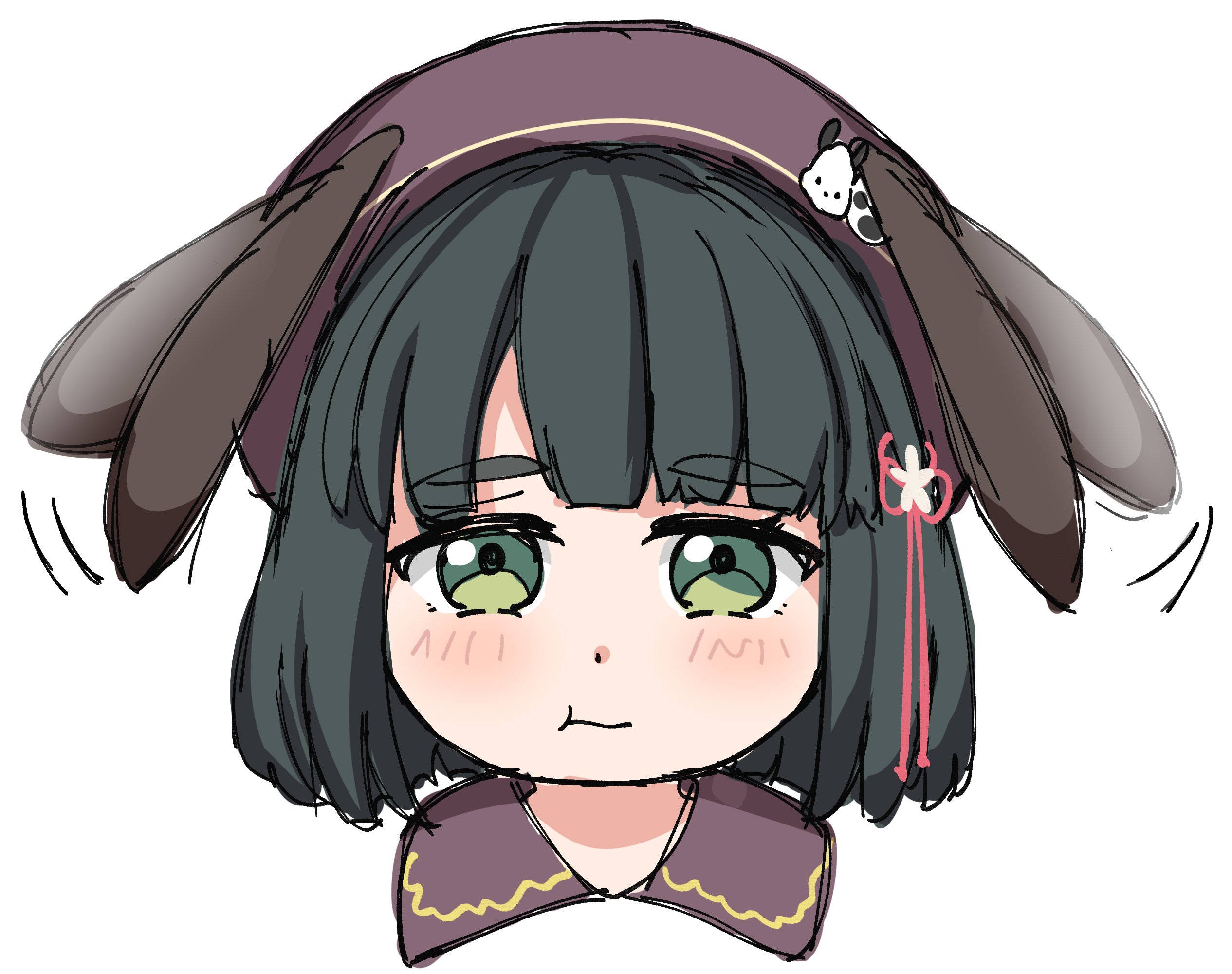 1girl :t beret black_hair blunt_bangs blunt_ends blush bob_cut brown_hat character_hat_ornament cropped_head dream_believers flower flower_knot green_eyes hair_flower hair_ornament hat highres link!_like!_love_live! looking_at_viewer love_live! momose_ginko official_alternate_costume pochacco pout sanrio sen_yousoro short_hair simple_background solo virtual_youtuber white_background