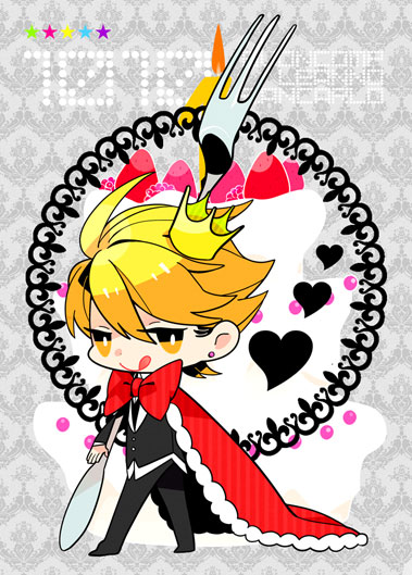1boy black_pants black_vest blonde_hair bow cake cape chibi crown earrings food fork fruit giancarlo_bourbon_del_monte heart holding holding_fork jewelry licking_lips lucky_dog_1 oversized_object pants raspberry red_bow red_cape solo star_(symbol) strawberry tongue tongue_out toukei vest yellow_eyes