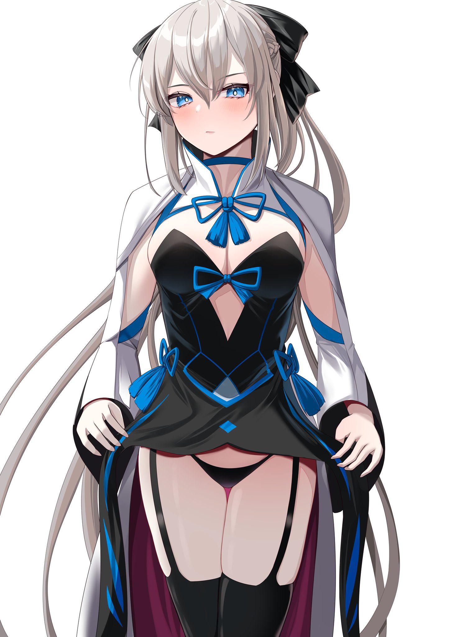 1girl black_bow black_dress black_panties blue_eyes blush bow braid breasts center_opening closed_mouth clothes_lift clothing_cutout dress fate/grand_order fate_(series) full_body grey_hair hair_between_eyes hair_bow half_up_braid highres large_breasts long_hair long_sleeves looking_at_viewer morgan_le_fay_(fate) morgan_le_fay_(first_ascension)_(fate) nigori_(keydoor) panties ponytail sidelocks simple_background skirt skirt_lift solo stomach_cutout thighs underwear very_long_hair white_background