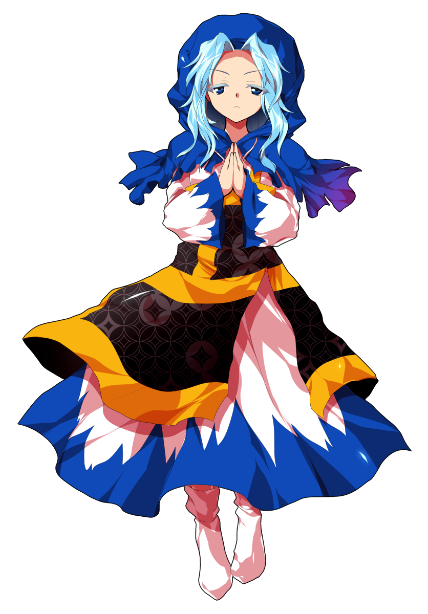 1girl alphes_(style) blue_eyes blue_hair blue_hood clenched_hands commentary_request dairi dress frills full_body hands_up highres holding hood hood_up hoop jewelry kesa kumoi_ichirin large_variant_set long_hair long_sleeves looking_at_viewer multicolored_dress necklace own_hands_clasped own_hands_together parody pendant smile socks solo standing style_parody tachi-e touhou transparent_background variant_set wide_sleeves