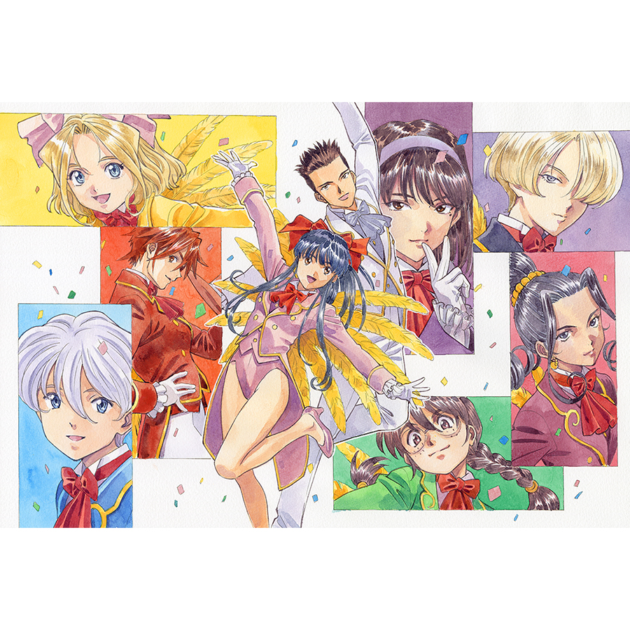 1boy 6+girls alternate_costume arm_up ascot bare_legs black_collar black_hair black_suit blonde_hair blue_collar blue_eyes blue_suit bow bowtie braid brown_hair buttons child closed_mouth collar collared_shirt collared_suit confetti dark-skinned_female dark_skin double-breasted everyone feathers formal_clothes freckles from_side gloves green_collar green_sleeves green_suit hair_between_eyes hair_bow hair_over_one_eye hair_ribbon hairband half_updo hand_on_own_hip high_heels high_ponytail iris_chateaubriand kanzaki_sumire kirishima_kanna leaning_back leg_up leotard long_hair long_sidelocks long_sleeves looking_at_viewer low-tied_long_hair maria_tachibana matsubara_hidenori mature_female multiple_girls official_alternate_costume official_art open_mouth outstretched_arms paneled_background pants parted_bangs pink_bow pink_collar pink_leotard pink_shoes pink_sleeve_cuffs pink_sleeves pink_suit pink_vest ponytail purple_collar purple_eyes purple_hair purple_hairband purple_sleeves purple_suit red_ascot red_bow red_bowtie red_hair red_sleeve_cuffs red_sleeves red_suit reni_milchstrasse ri_kouran ribbon rimless_eyewear round_eyewear sakura_taisen sakura_taisen_ii shinguuji_sakura shirt shoes short_hair sidelocks sleeve_cuffs smile smirk soletta_orihime spiked_hair spread_arms standing standing_on_one_leg straight_hair suit swept_bangs tailcoat traditional_media twin_braids undershirt upper_body v very_long_sidelocks vest wavy_sidelocks white_ascot white_bow white_bowtie white_collar white_gloves white_hair white_pants white_sleeves wing_collar yellow_collar yellow_feathers yellow_sleeves yellow_suit