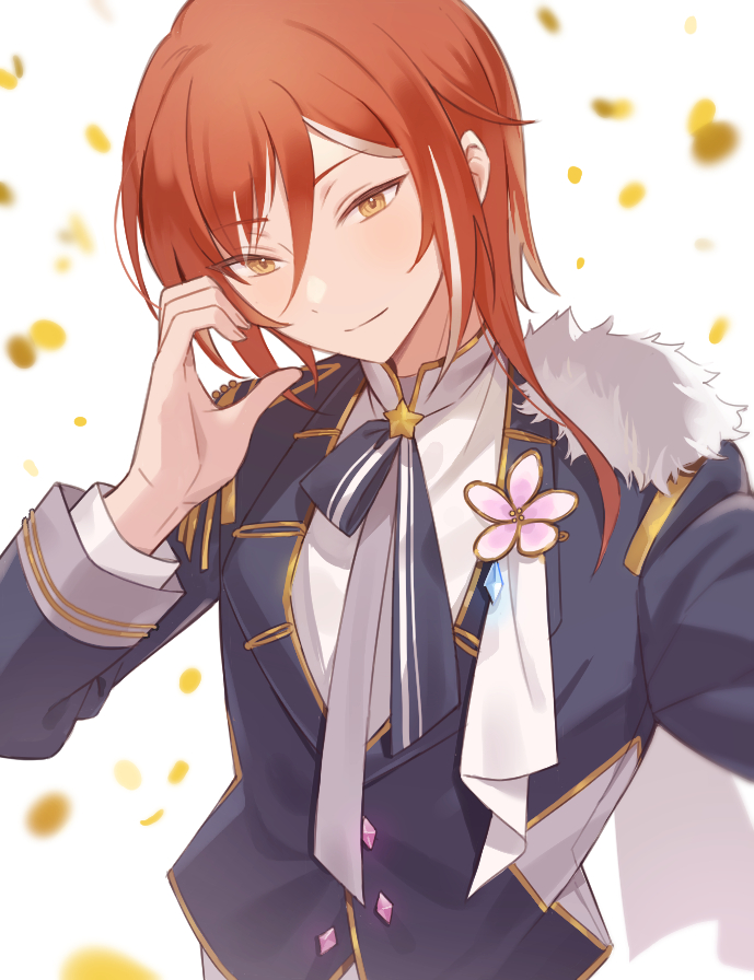 1boy asymmetrical_sidelocks bishounen black_jacket blazer brooch closed_mouth commentary ensemble_stars! falling_petals flower_pin gold_trim h4msterworld hair_between_eyes half-heart_hands hand_up heart heart_hands jacket jewelry korean_commentary light_smile long_sleeves male_focus mandarin_collar neck_ribbon petals red_hair ribbon sakasaki_natsume shirt short_hair_with_long_locks side_cape solo star_brooch upper_body white_background white_shirt yellow_petals