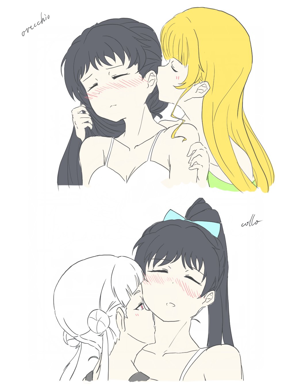 3girls arashi_chisato bare_shoulders black_hair blonde_hair blue_bow blunt_bangs blush bow breasts cleavage closed_eyes collarbone commentary_request double_bun frown hair_bow hair_bun hair_down hazuki_ren heanna_sumire high_ponytail highres holding_another&#039;s_hair kiss kissing_ear kissing_neck long_hair looking_at_another love_live! love_live!_superstar!! medium_breasts multiple_girls necosaghi nose_blush pink_eyes ponytail sidelocks simple_background translation_request twintails very_long_hair white_background white_hair yuri