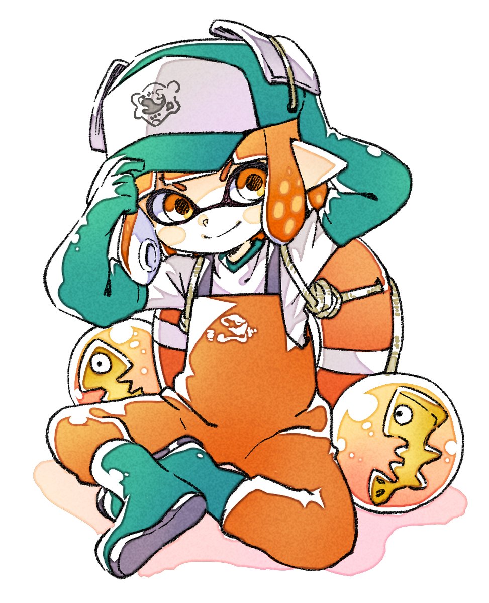 1girl aqua_boots aqua_gloves aqua_hat baseball_cap boots closed_mouth elbow_gloves full_body gloves golden_egg_(splatoon) hat inkling inkling_girl inkling_player_character lifebuoy nintendo orange_eyes orange_hair orange_overalls overalls pointy_ears rubber_boots rubber_gloves salmon_run_(splatoon) sen_squid shirt short_hair sitting smile solo splatoon_(series) splatoon_2 swim_ring tentacle_hair third-party_source white_background white_shirt
