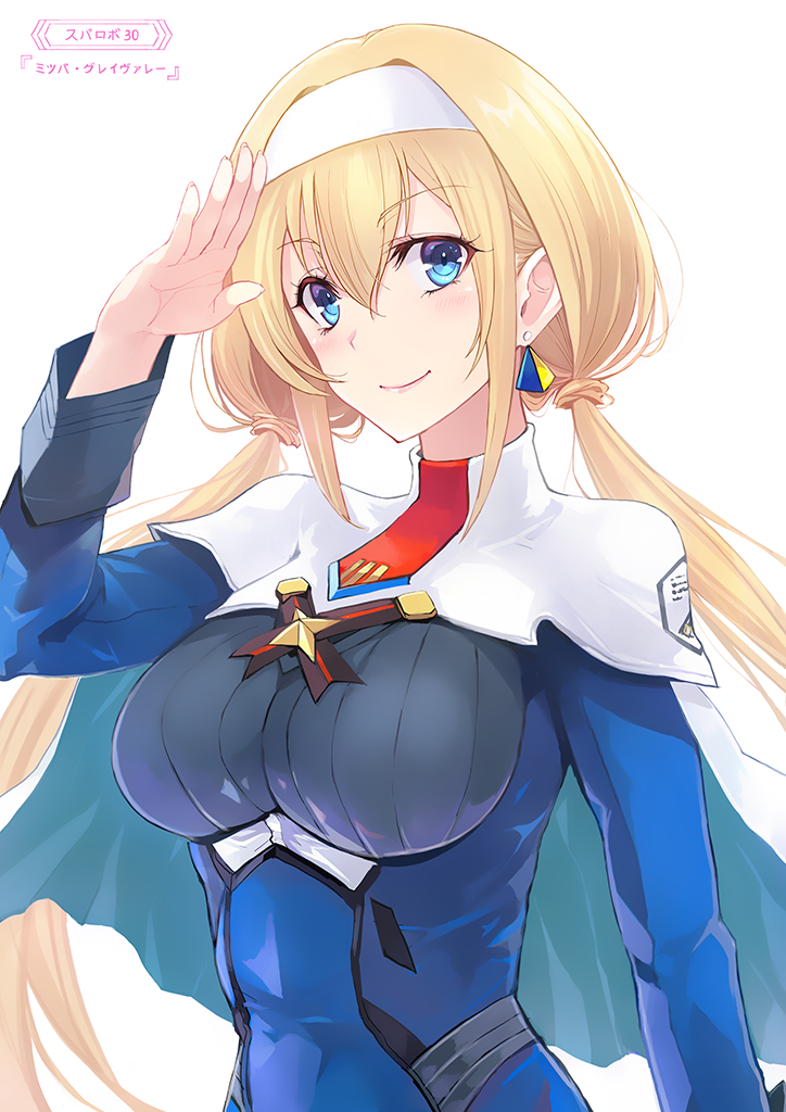 1girl aqua_eyes blonde_hair blue_dress capelet character_name copyright_name dress earrings goushou hairband jewelry long_sleeves low_twintails military military_uniform mitsuba_greyvalley necktie red_necktie salute single_earring smile solo super_robot_wars super_robot_wars_30 triangle_earrings twintails white_capelet white_hairband