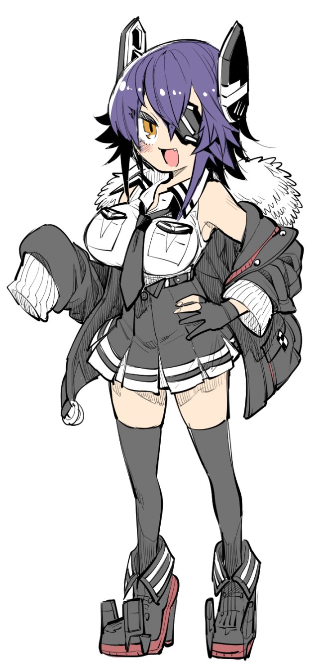 1girl black_gloves black_jacket black_necktie black_skirt black_thighhighs blush breast_pocket breasts eyepatch fang full_body fur-trimmed_jacket fur_trim gloves hair_between_eyes hand_on_own_hip hardcoa_v headgear high-waist_skirt highres jacket kantai_collection large_breasts necktie off_shoulder open_clothes open_jacket open_mouth orange_eyes partially_fingerless_gloves pleated_skirt pocket purple_eyes purple_hair shirt shoes short_hair single_sleeve_past_fingers skirt sleeveless sleeveless_shirt solo standing tenryuu_(kancolle) tenryuu_kai_ni_(kancolle) thighhighs white_shirt