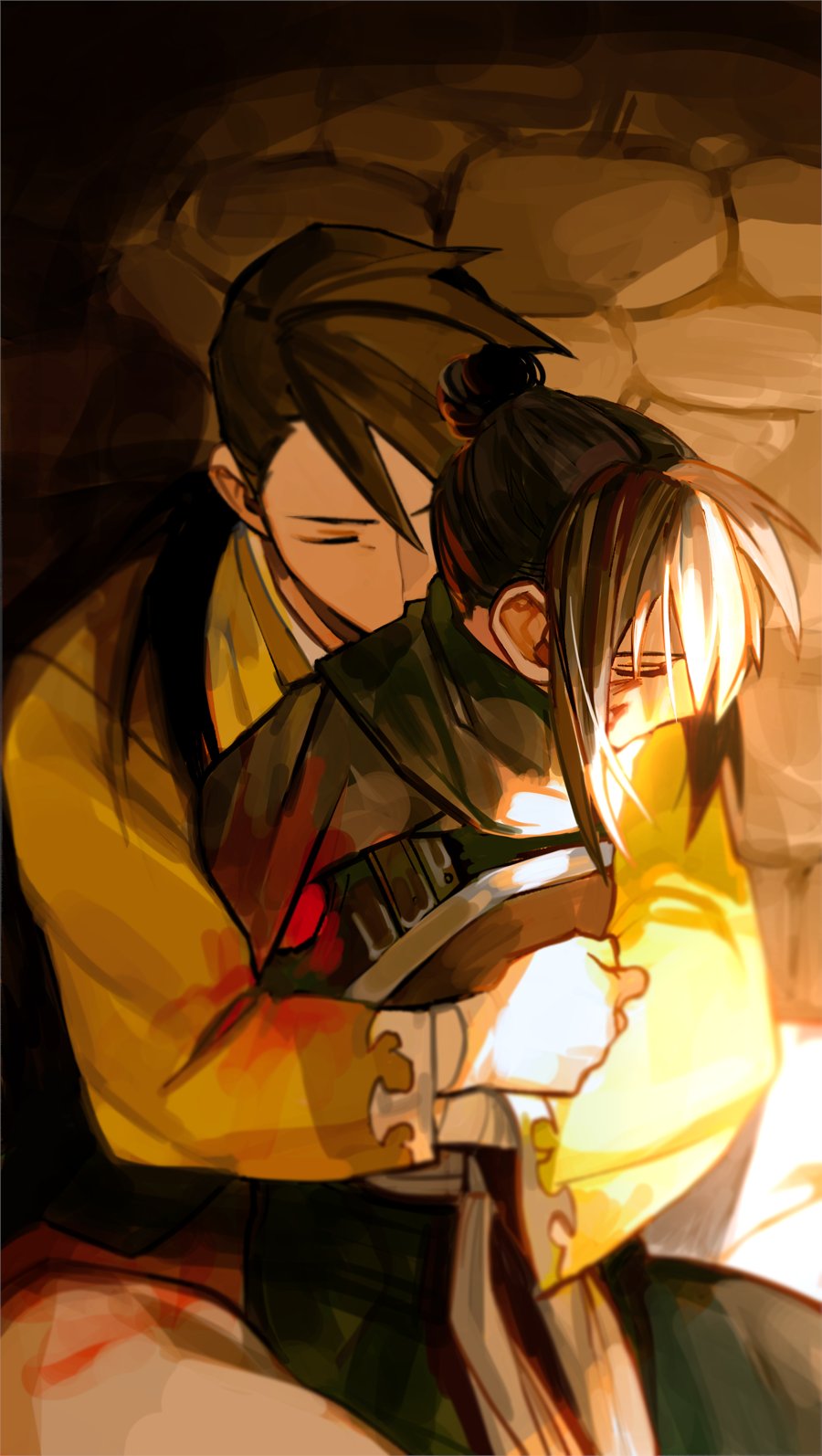 197_369 1boy 1girl arm_wrap armor black_hair blood blood_on_clothes blood_on_face closed_eyes covered_mouth day fullmetal_alchemist grey_scarf hair_bun highres hug korean_commentary lan_fan ling_yao long_hair long_sleeves on_ground one_eye_covered outdoors pants pavement ponytail profile scarf single_hair_bun sitting updo wide_sleeves