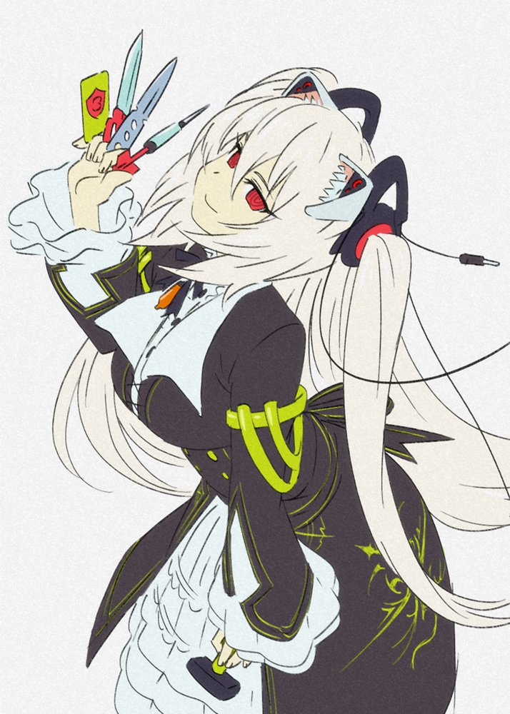 1girl @_@ between_fingers black_coat breasts cable card closed_mouth coat commentary_request corset cowboy_shot dart dress floating_hair hair_ornament half-closed_eyes hand_up holding holding_knife knife knives_between_fingers large_breasts long_hair long_sleeves looking_at_viewer magari_(c0rn3r) mechanical_ears nora_cat nora_cat_channel playing_card red_eyes simple_background smile solo throwing_knife two_side_up underbust virtual_youtuber weapon white_background white_dress